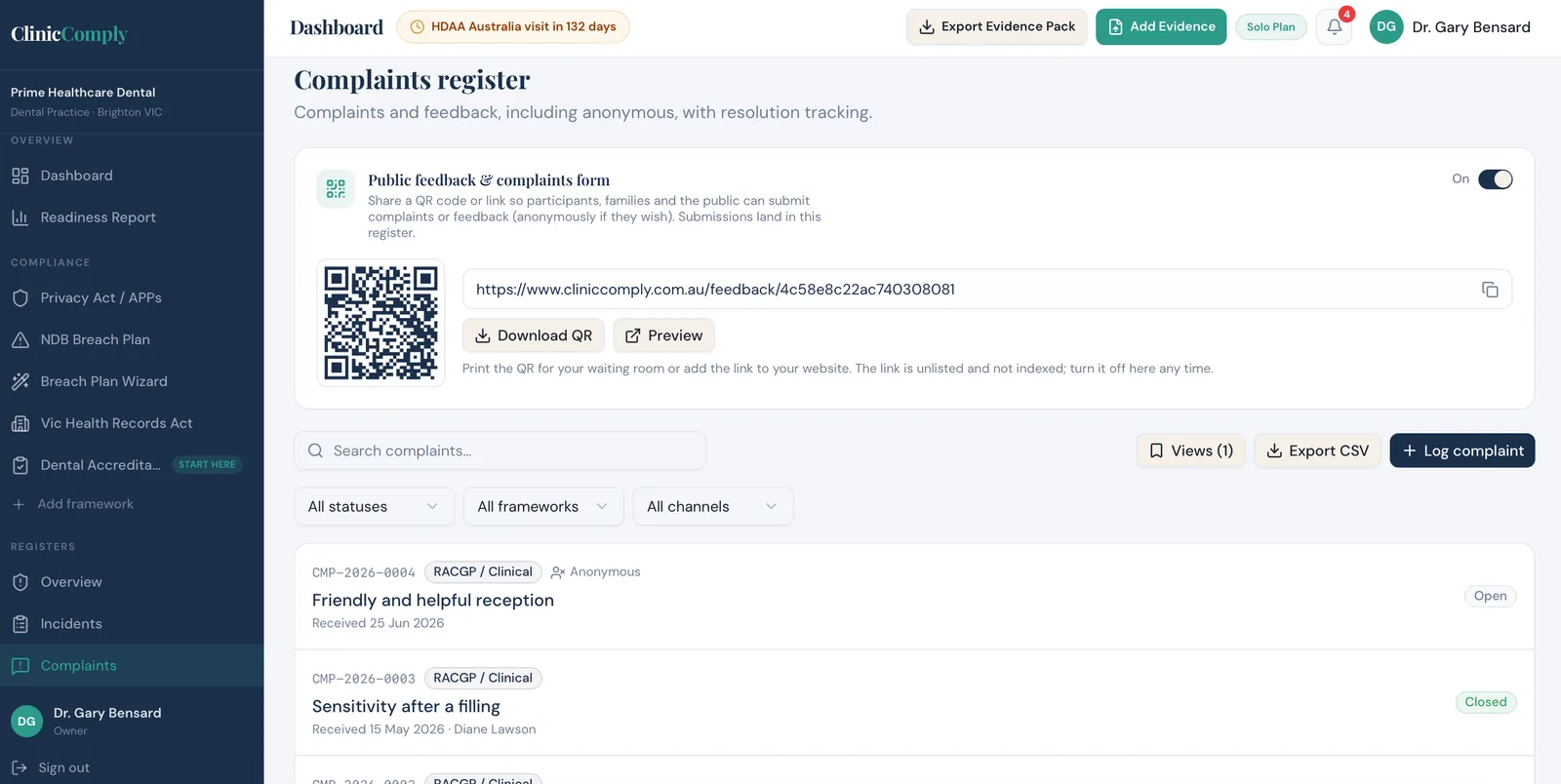 Complaints register in ClinicComply listing feedback with channels, statuses and resolutions