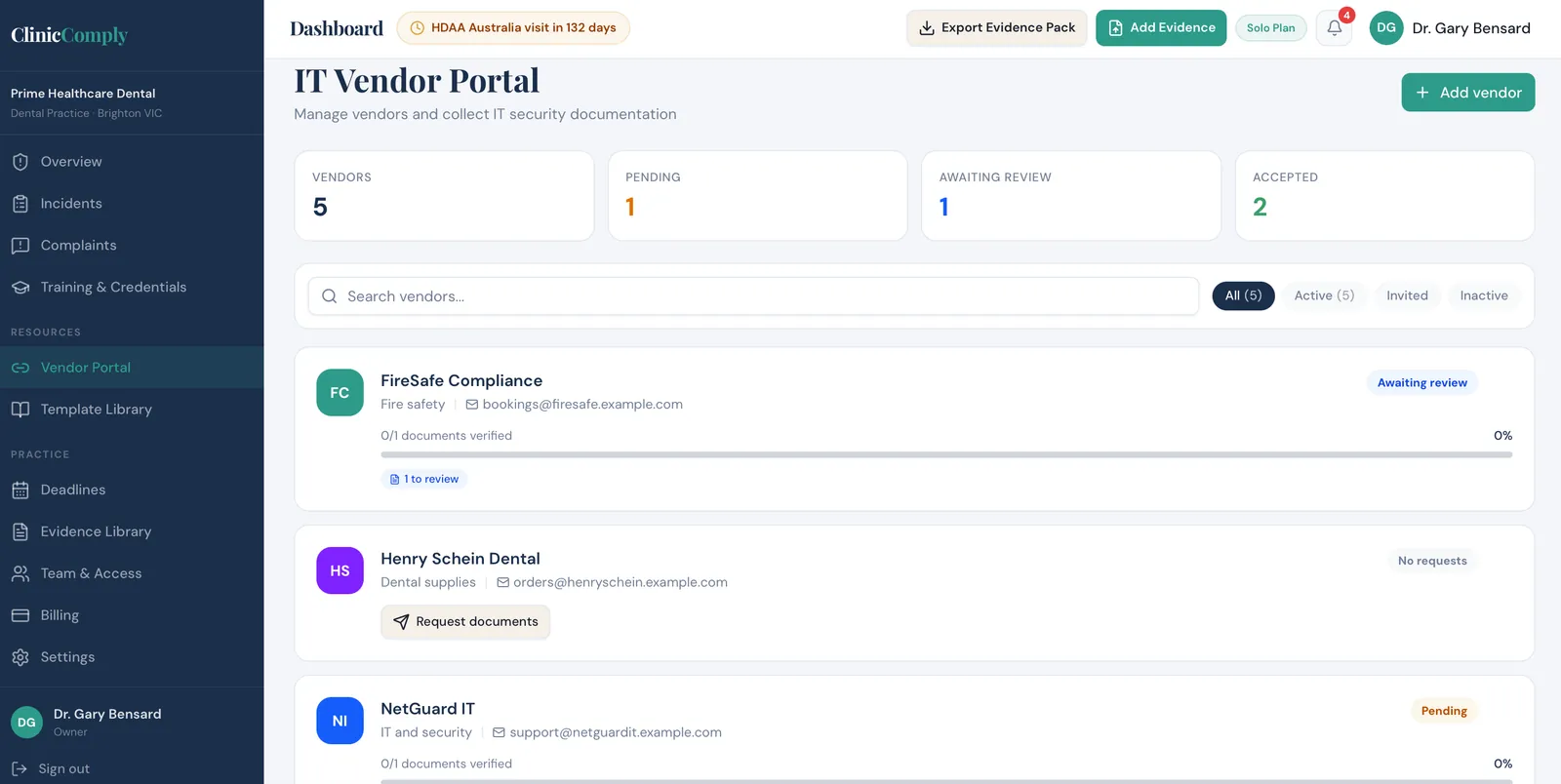 Vendor management in ClinicComply showing IT vendors and the status of requested compliance documents